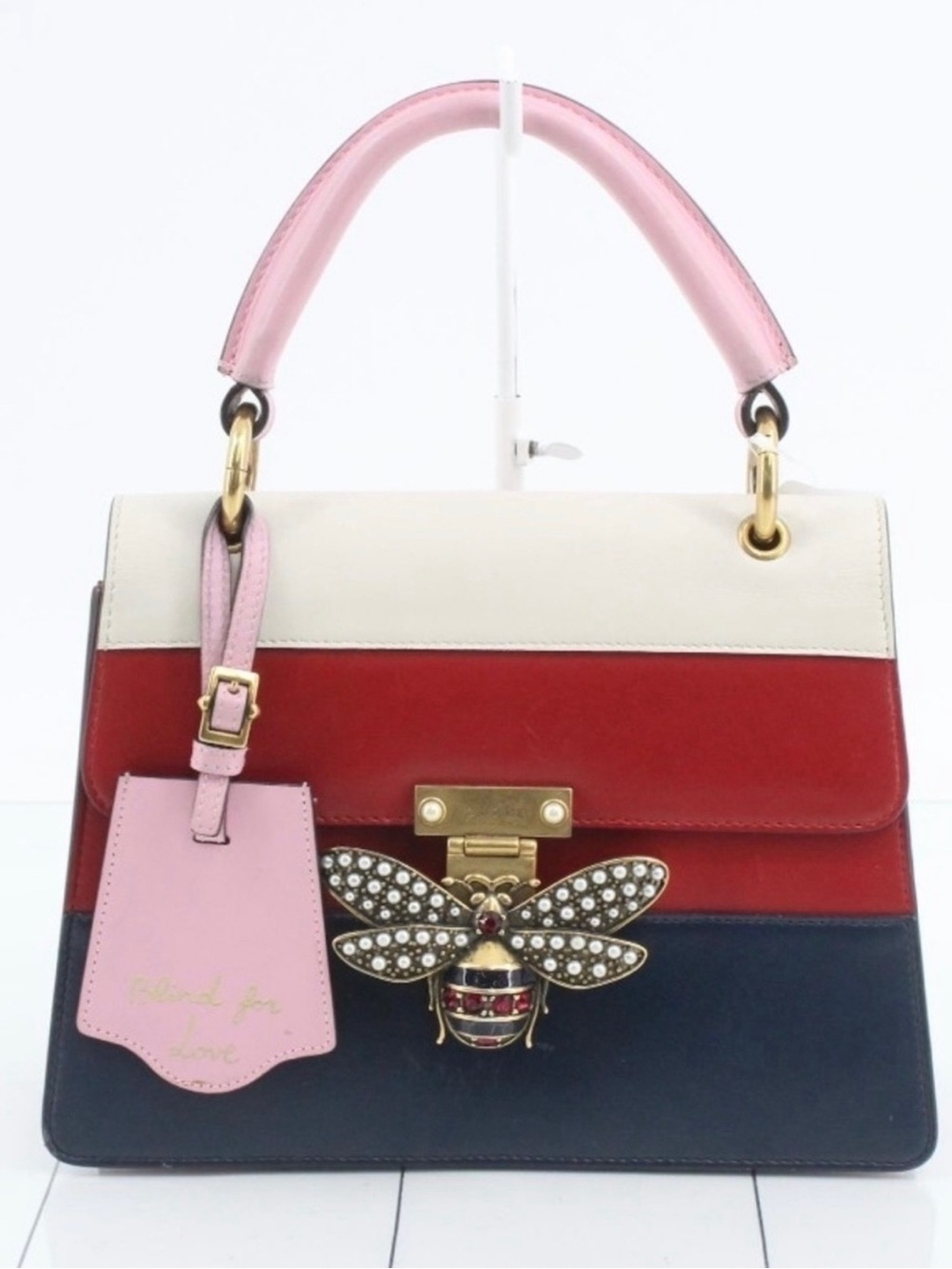 Gucci Tricolor Leather Top Handle Bag with Bee Accent - Pink, White, Red, Navy